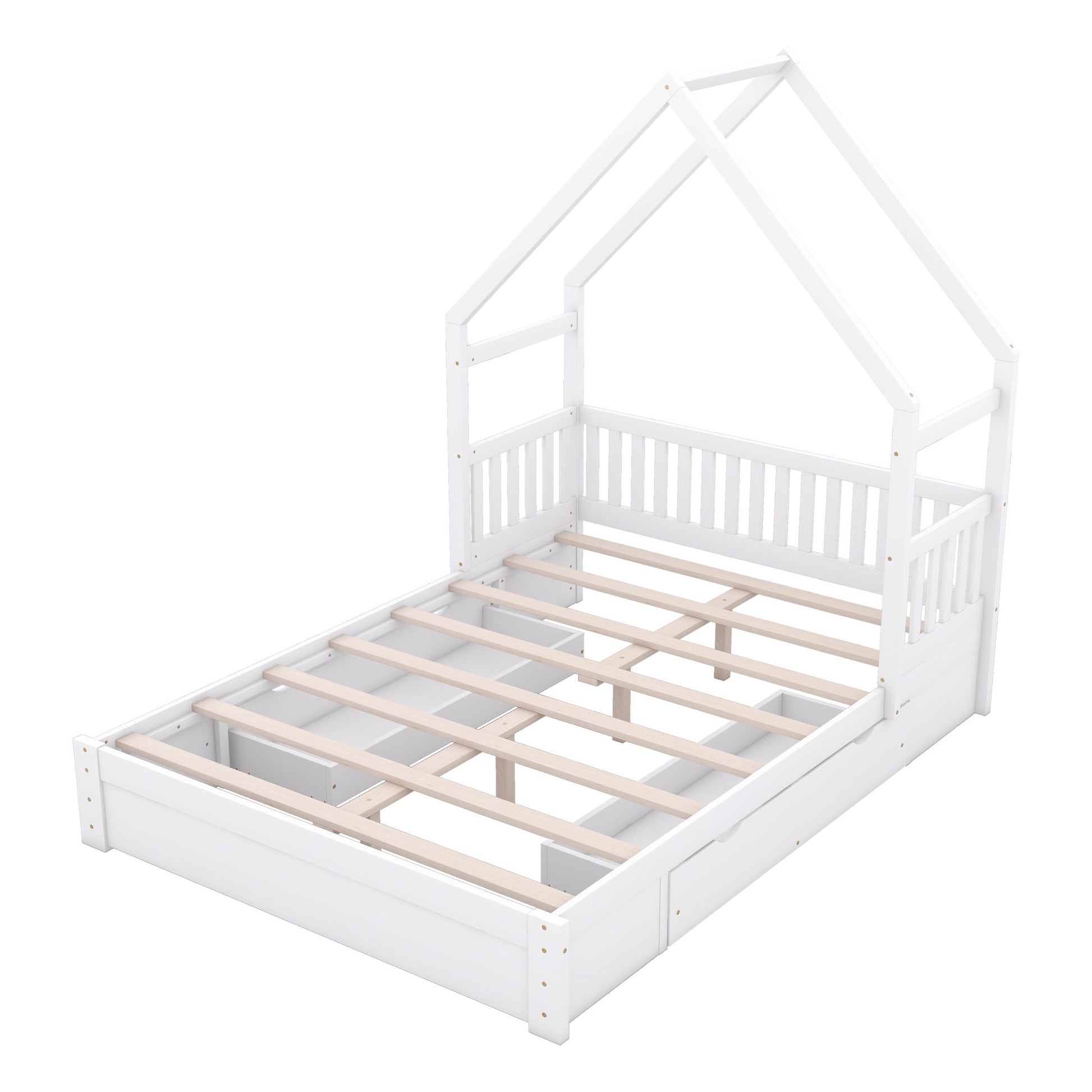 Wood Queen Size House Platform Bed with Guardrail and 2 Drawers, White image 11