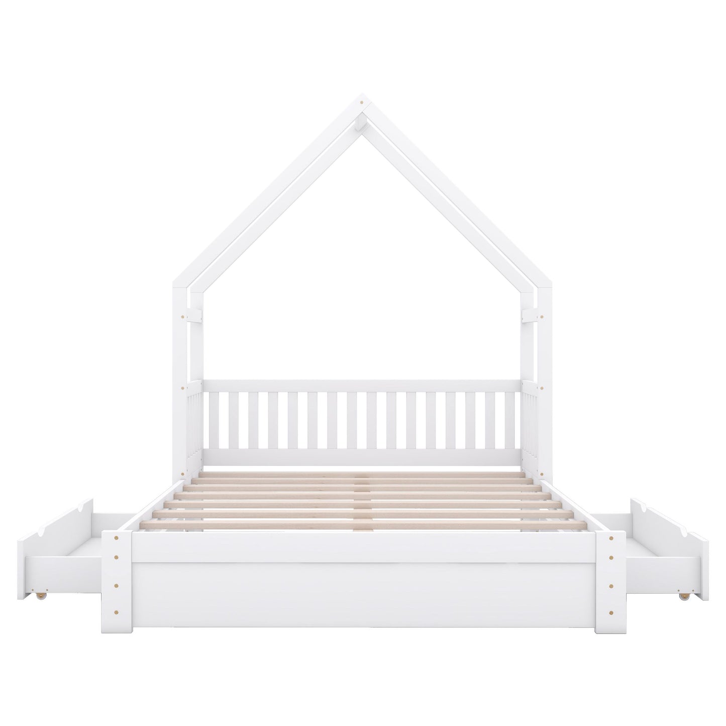 Wood Queen Size House Platform Bed with Guardrail and 2 Drawers, White image 13