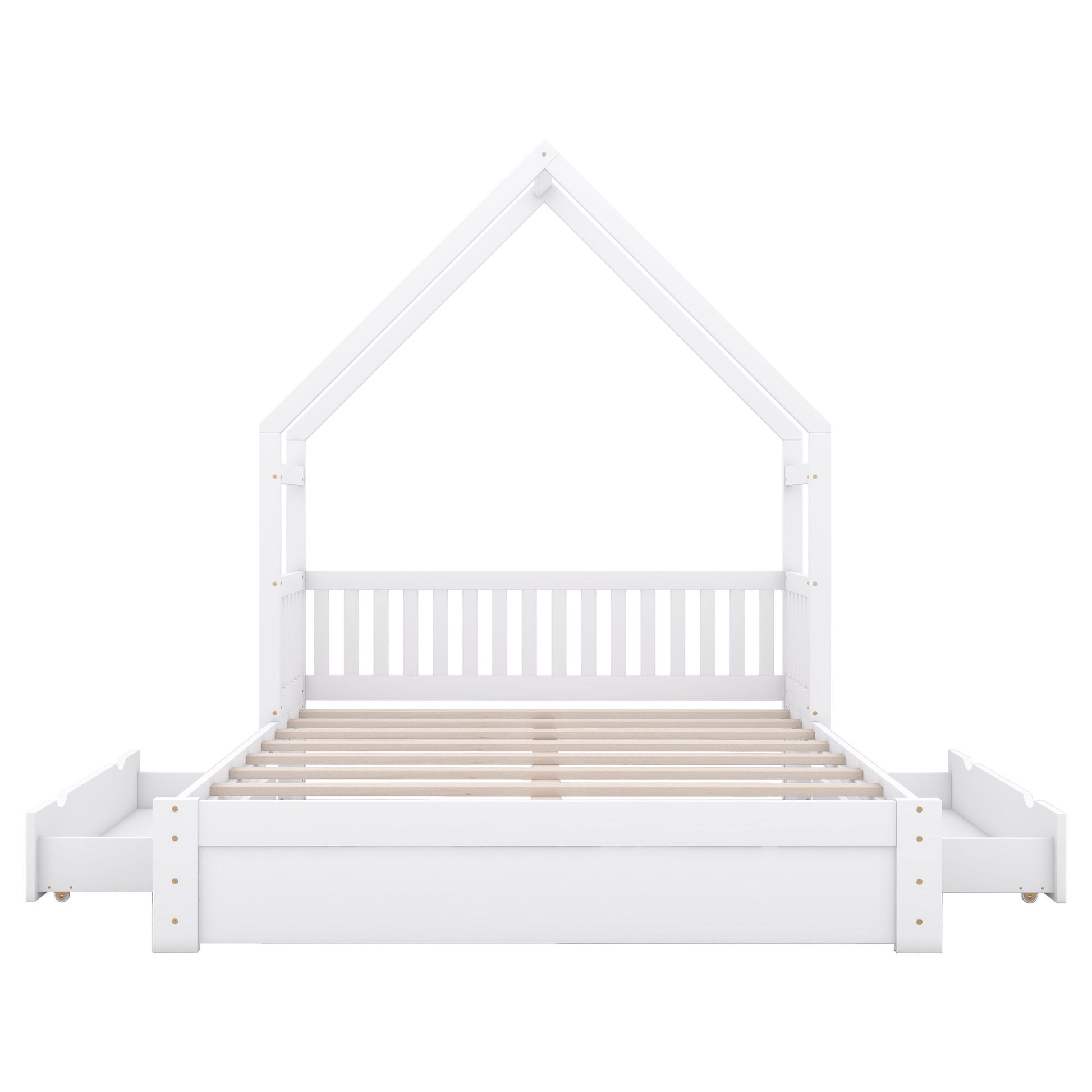 Wood Queen Size House Platform Bed with Guardrail and 2 Drawers, White image 13