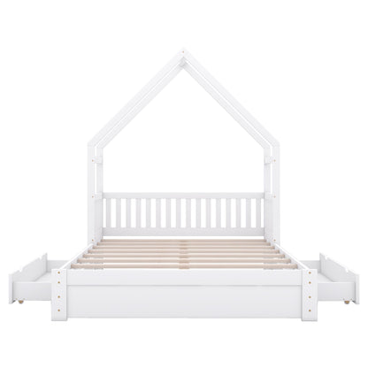 Wood Queen Size House Platform Bed with Guardrail and 2 Drawers, White image 13
