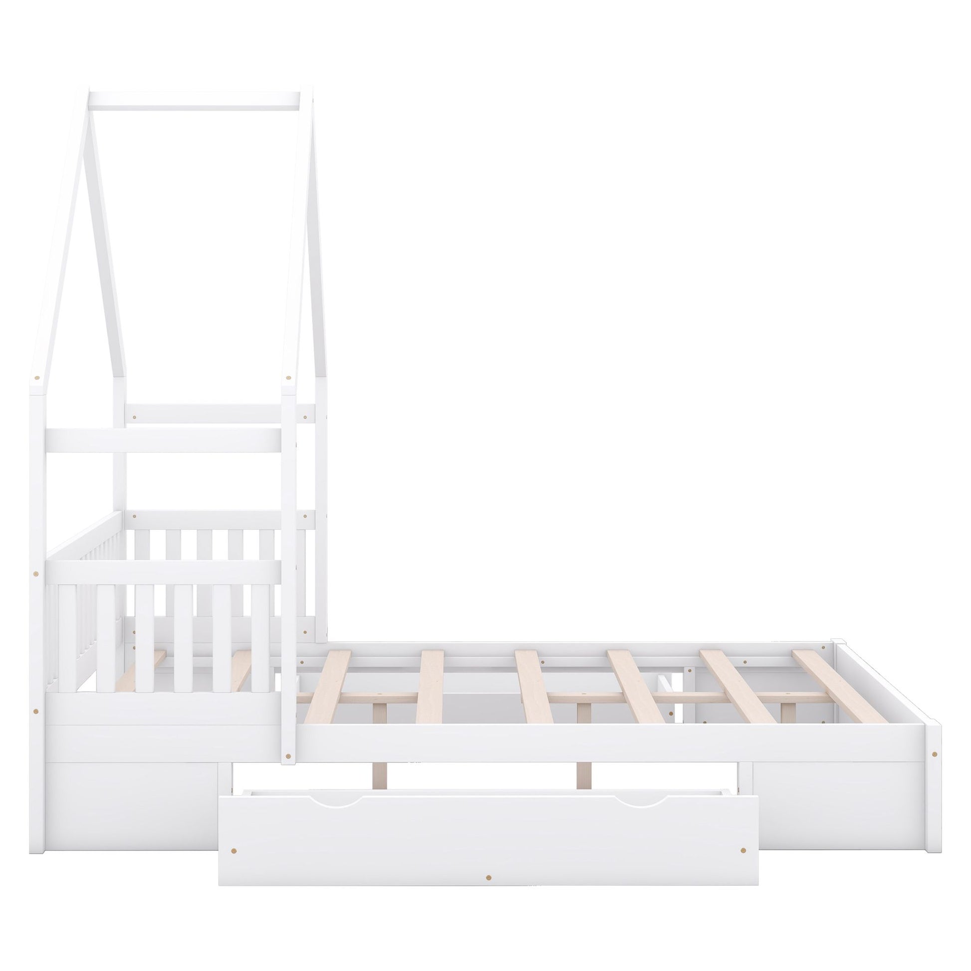 Wood Queen Size House Platform Bed with Guardrail and 2 Drawers, White image 10