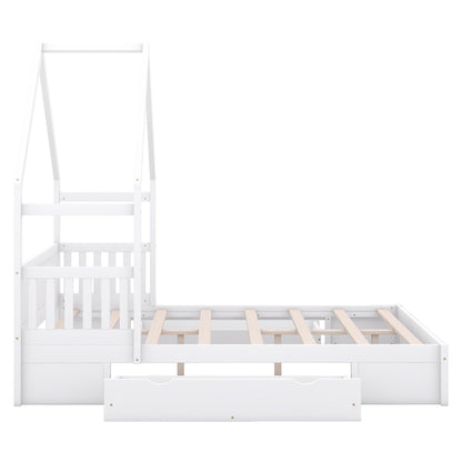 Wood Queen Size House Platform Bed with Guardrail and 2 Drawers, White image 10
