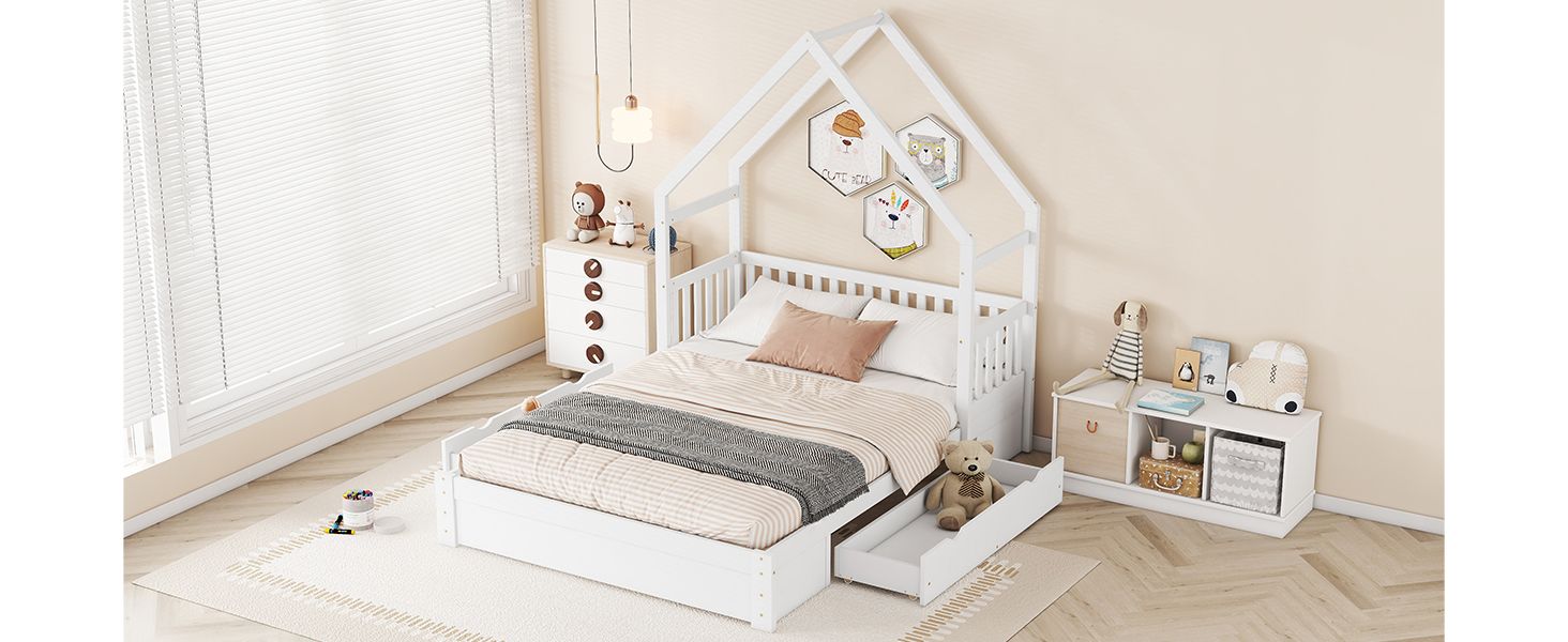 Wood Queen Size House Platform Bed with Guardrail and 2 Drawers, White image 8