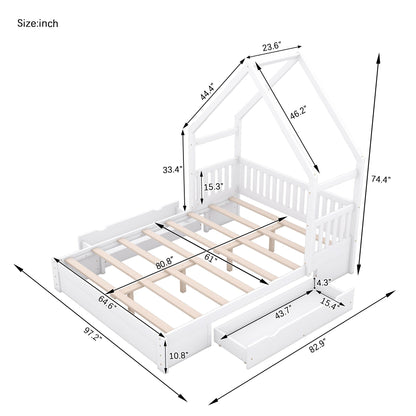 Wood Queen Size House Platform Bed with Guardrail and 2 Drawers, White image 18