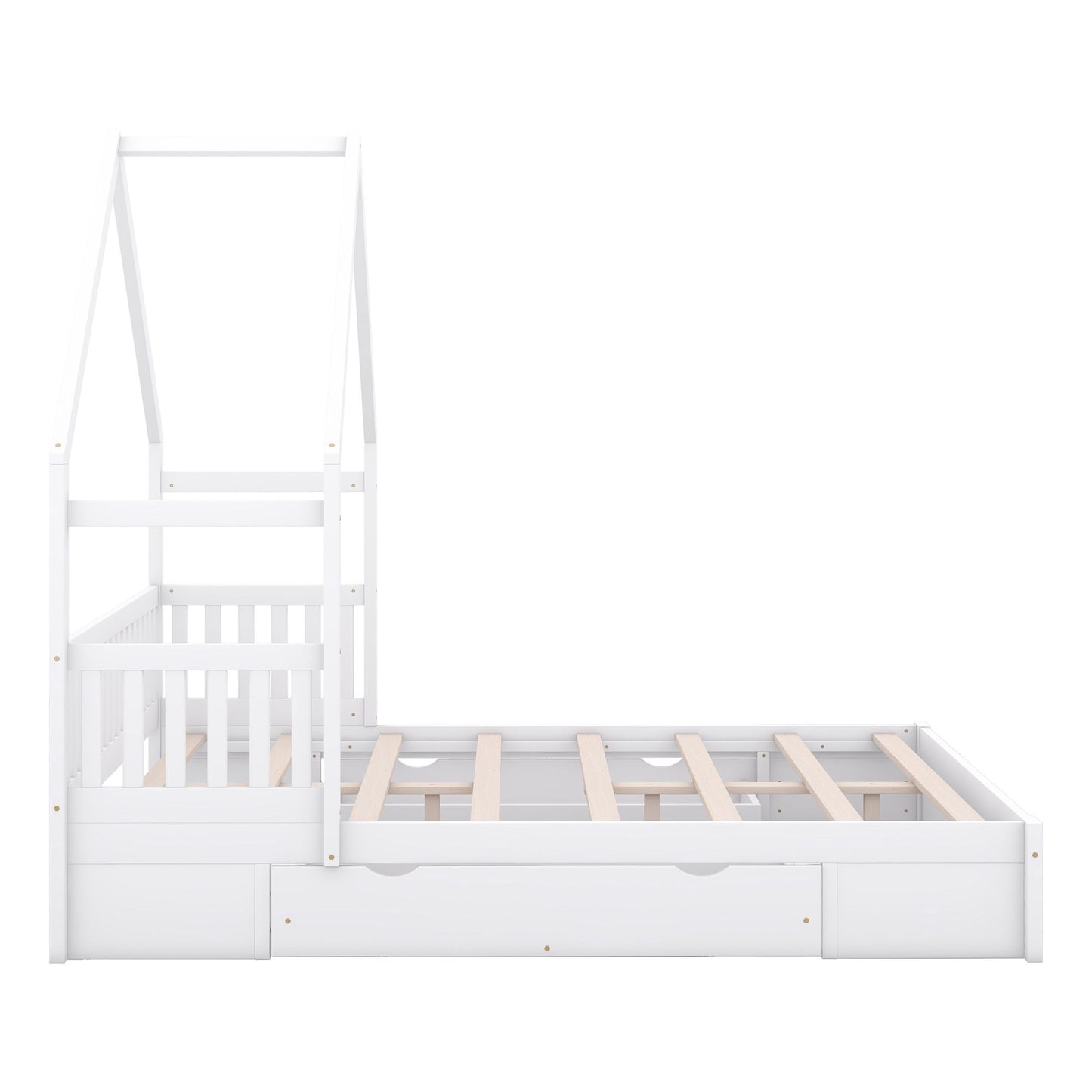 Wood Queen Size House Platform Bed with Guardrail and 2 Drawers, White image 14