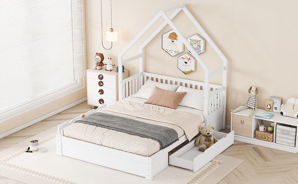 Wood Queen Size House Platform Bed with Guardrail and 2 Drawers, White image 5