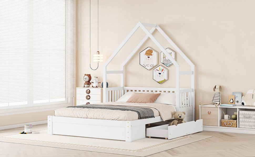 Wood Queen Size House Platform Bed with Guardrail and 2 Drawers, White image 6
