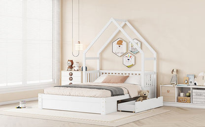 Wood Queen Size House Platform Bed with Guardrail and 2 Drawers, White image 6