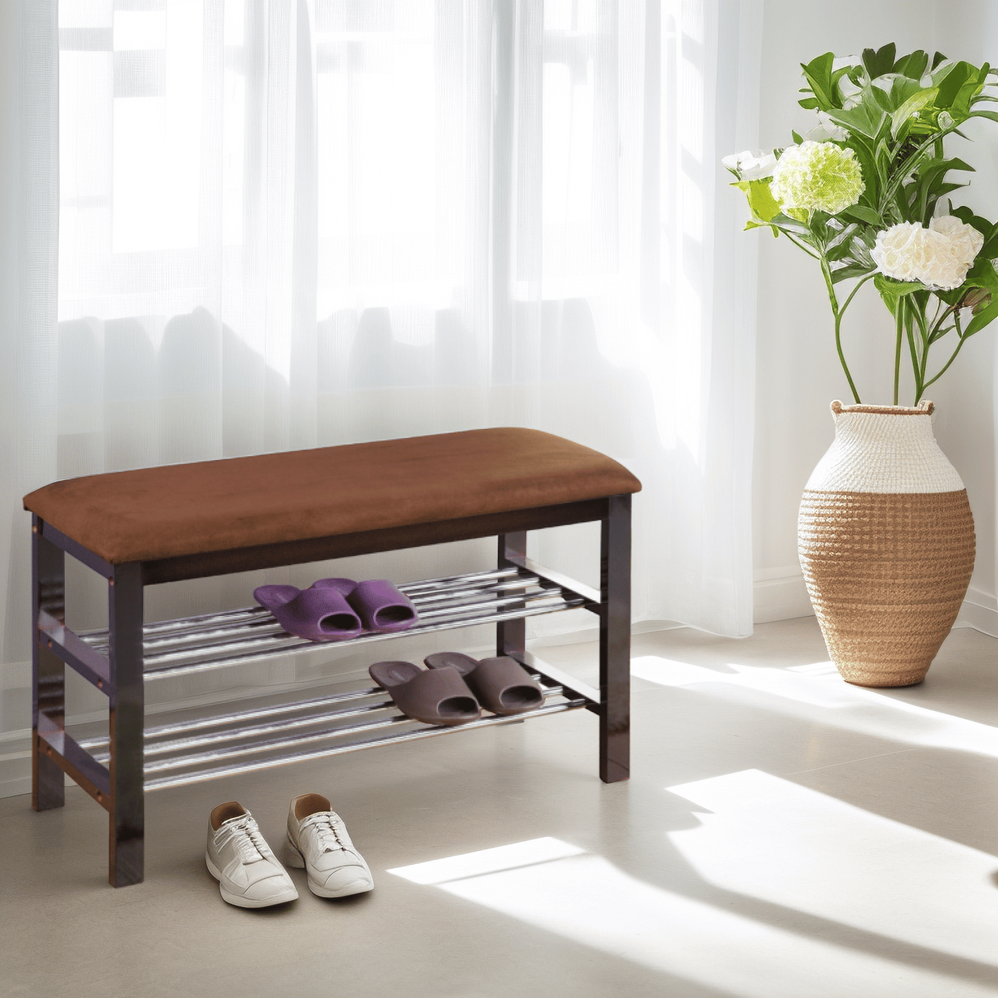 Wood Shoe Bench with Chocolate Microfiber Seat, Espresso image 1