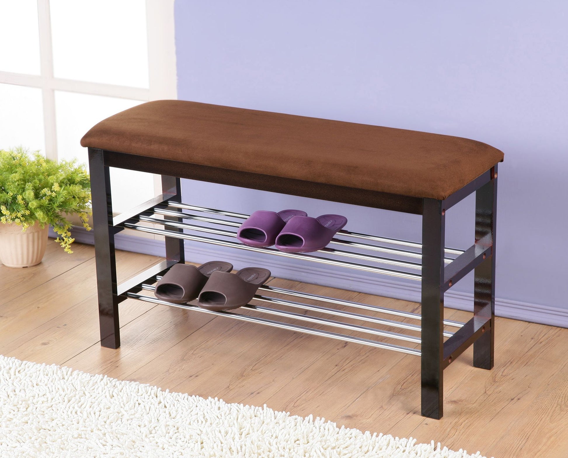 Wood Shoe Bench with Chocolate Microfiber Seat, Espresso image 4