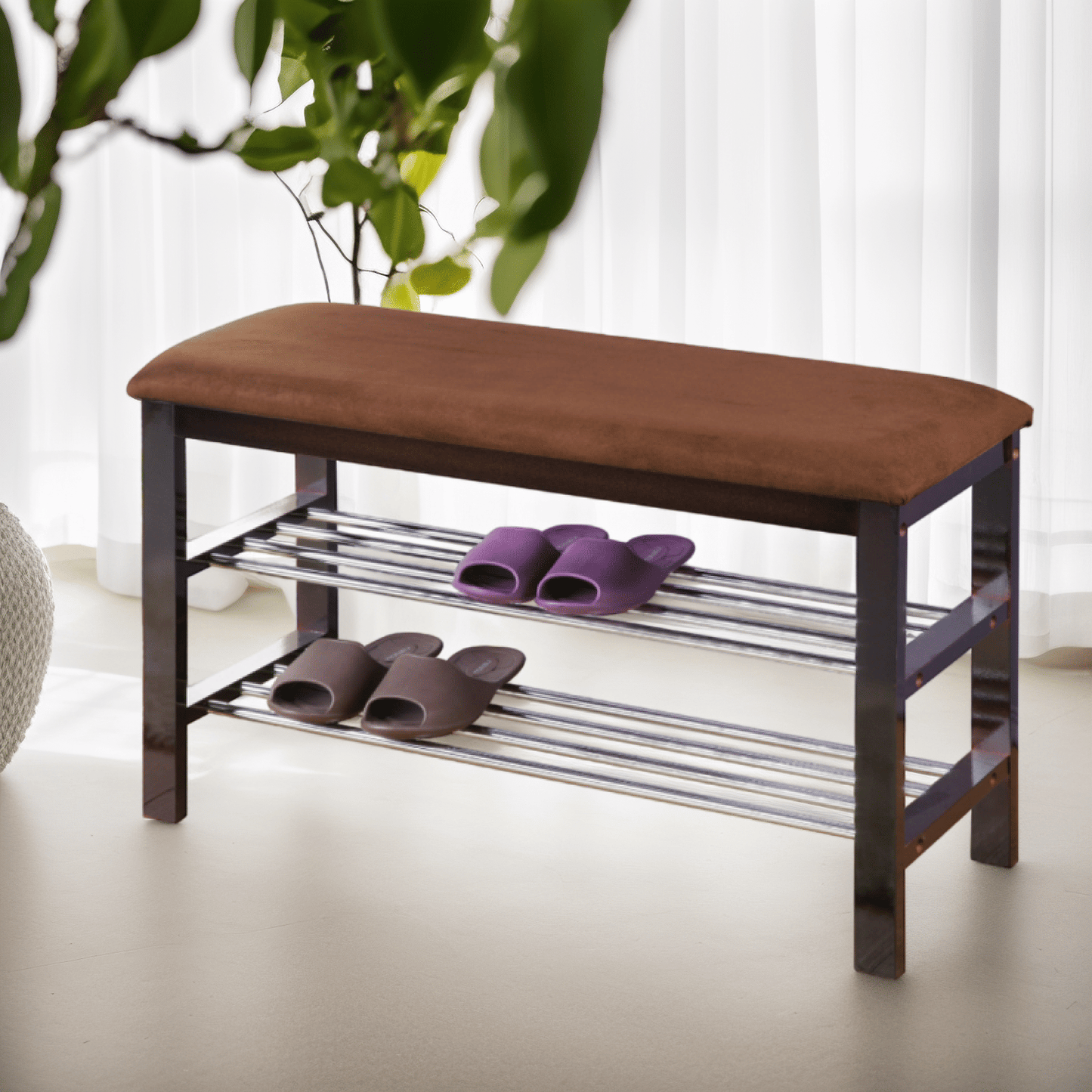 Wood Shoe Bench with Chocolate Microfiber Seat, Espresso image 2
