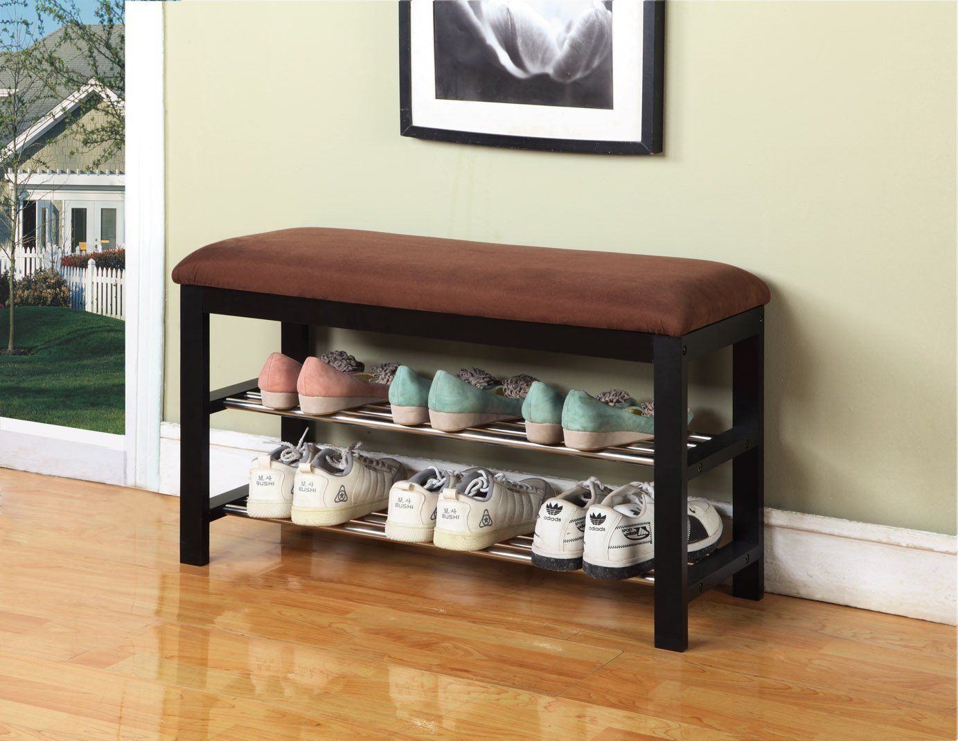 Wood Shoe Bench with Chocolate Microfiber Seat, Espresso image 5