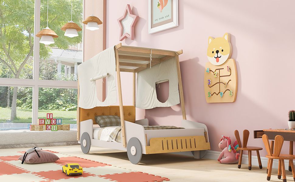 Wood Twin Size Car Bed with Pillow, Ceiling Cloth, Natural image 7