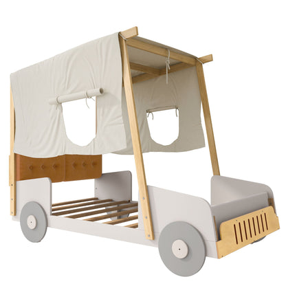 Wood Twin Size Car Bed with Pillow, Ceiling Cloth, Natural image 14