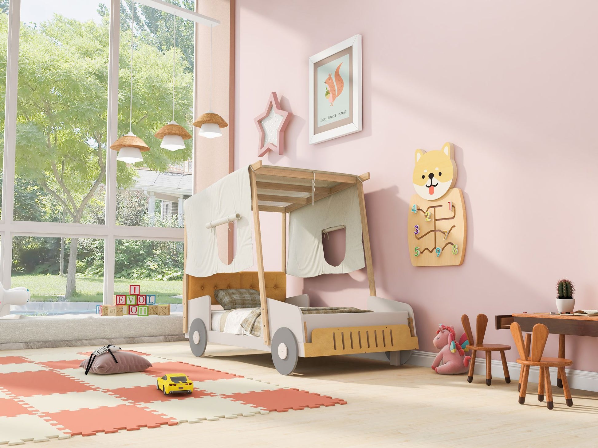 Wood Twin Size Car Bed with Pillow, Ceiling Cloth, Natural image 6