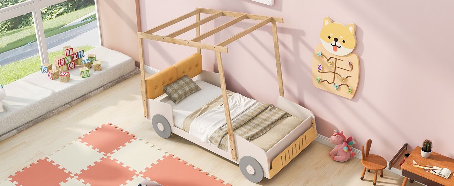 Wood Twin Size Car Bed with Pillow, Ceiling Cloth, Natural image 11