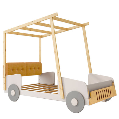 Wood Twin Size Car Bed with Pillow, Ceiling Cloth, Natural image 17