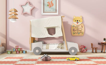 Wood Twin Size Car Bed with Pillow, Ceiling Cloth, Natural image 8