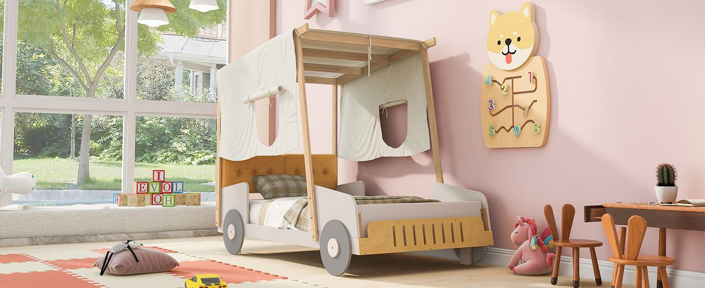 Wood Twin Size Car Bed with Pillow, Ceiling Cloth, Natural image 12
