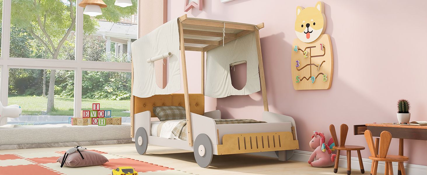 Wood Twin Size Car Bed with Pillow, Ceiling Cloth, Natural image 12