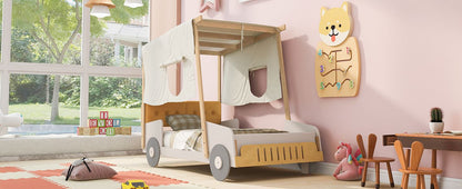 Wood Twin Size Car Bed with Pillow, Ceiling Cloth, Natural image 12