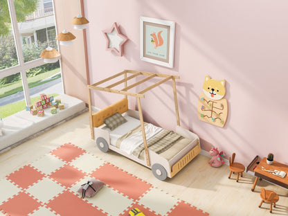 Wood Twin Size Car Bed with Pillow, Ceiling Cloth, Natural image 4