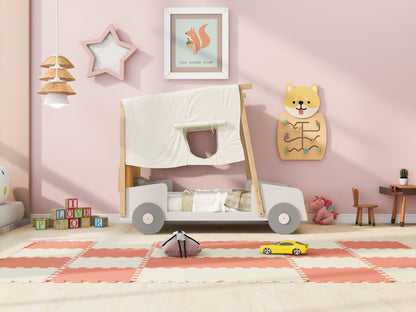 Wood Twin Size Car Bed with Pillow, Ceiling Cloth, Natural image 5