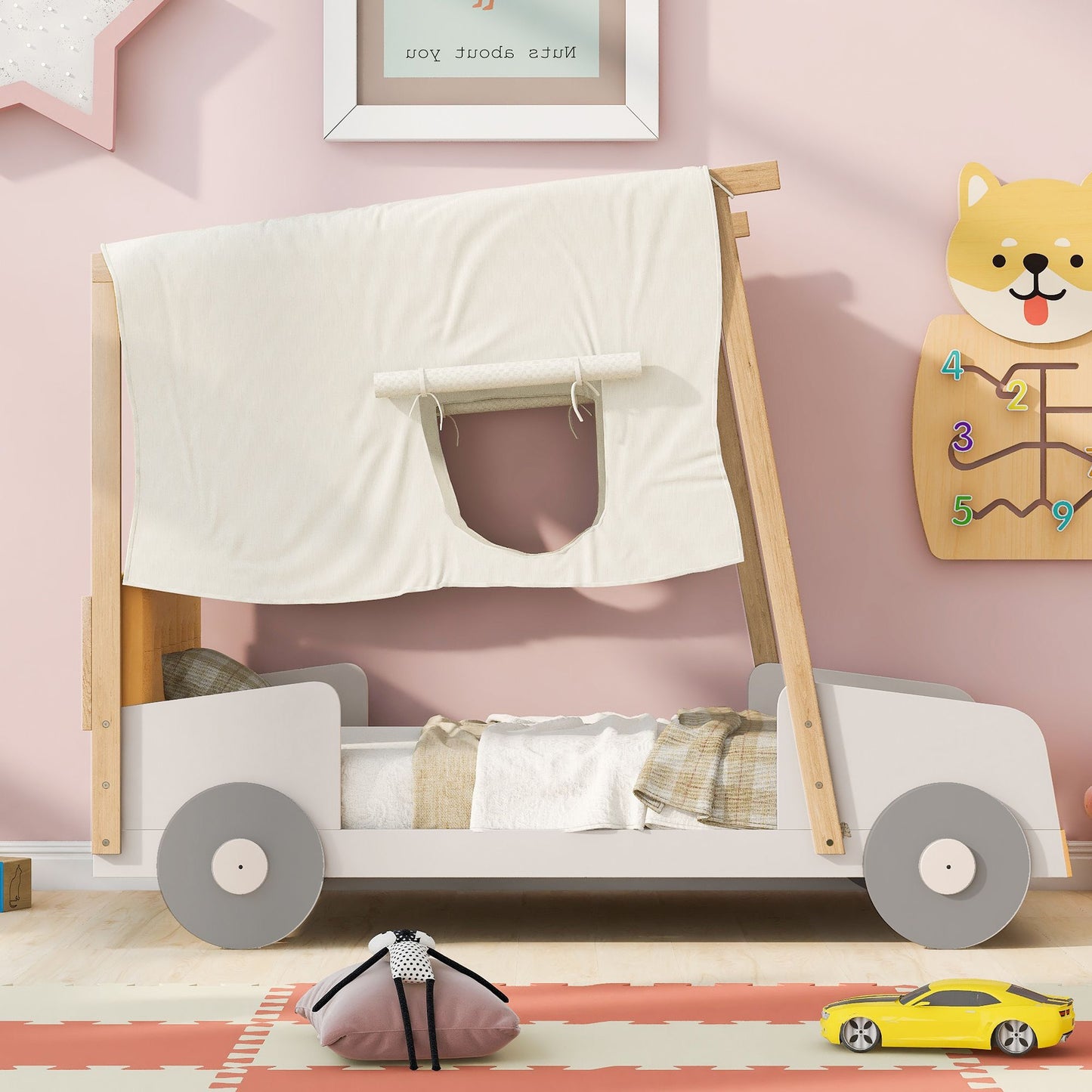 Wood Twin Size Car Bed with Pillow, Ceiling Cloth, Natural image 2