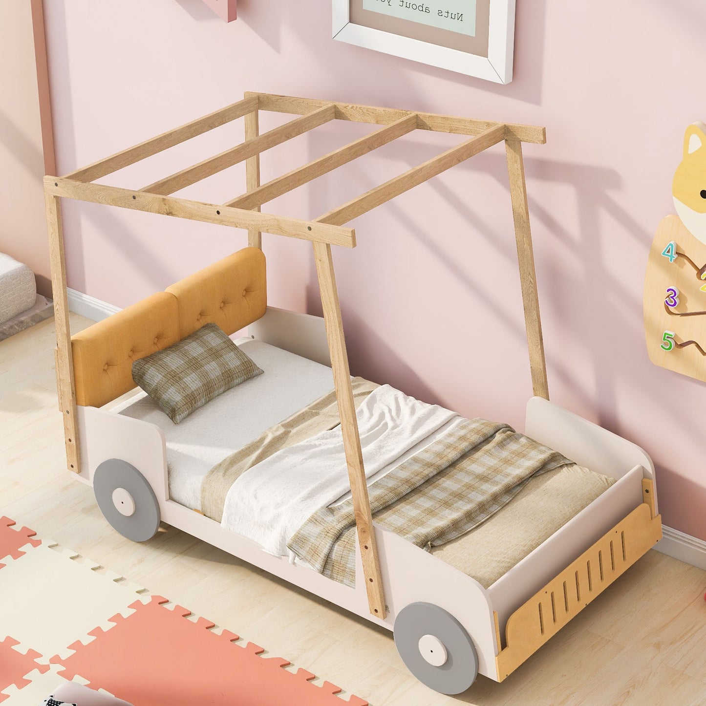 Wood Twin Size Car Bed with Pillow, Ceiling Cloth, Natural image 3