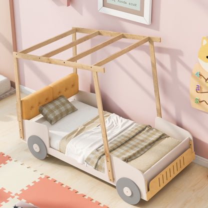 Wood Twin Size Car Bed with Pillow, Ceiling Cloth, Natural image 3