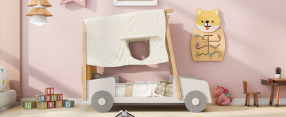 Wood Twin Size Car Bed with Pillow, Ceiling Cloth, Natural image 10