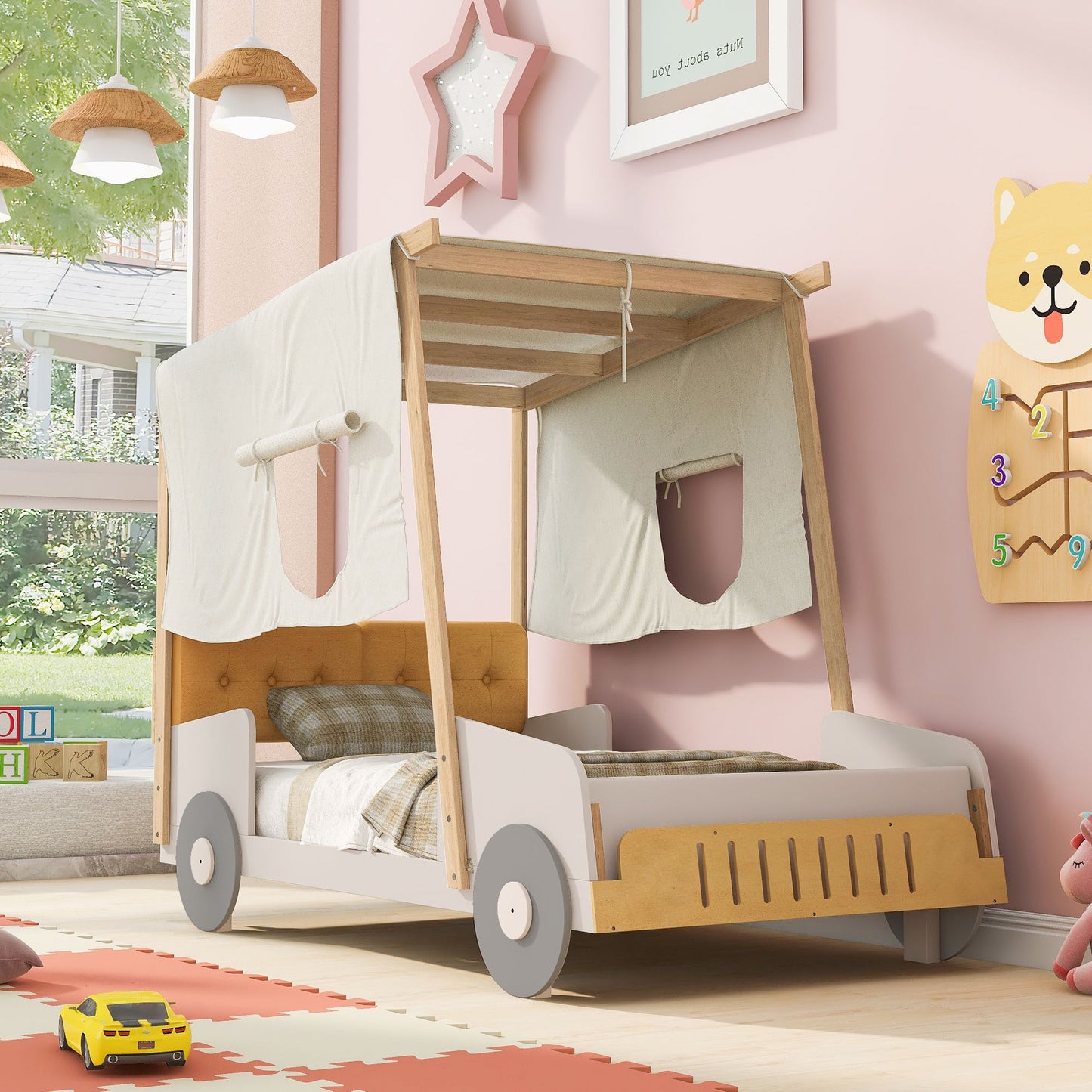 Wood Twin Size Car Bed with Pillow, Ceiling Cloth, Natural image 1