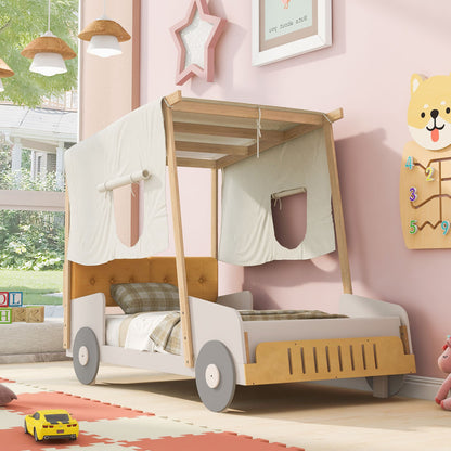 Wood Twin Size Car Bed with Pillow, Ceiling Cloth, Natural image 1