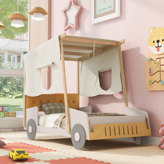 Wood Twin Size Car Bed with Pillow, Ceiling Cloth, Natural image 1