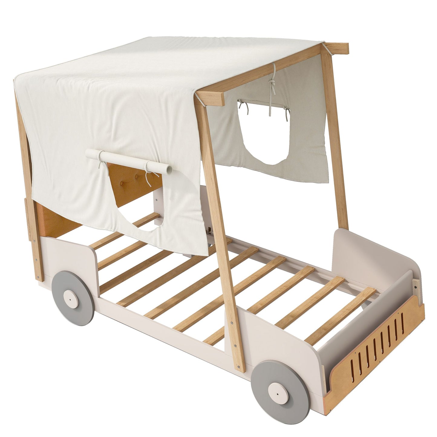 Wood Twin Size Car Bed with Pillow, Ceiling Cloth, Natural image 18