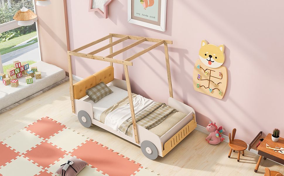 Wood Twin Size Car Bed with Pillow, Ceiling Cloth, Natural image 9