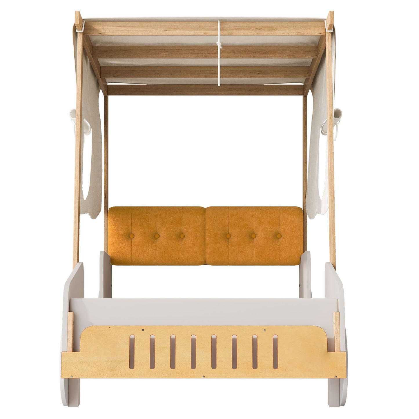 Wood Twin Size Car Bed with Pillow, Ceiling Cloth, Natural image 15
