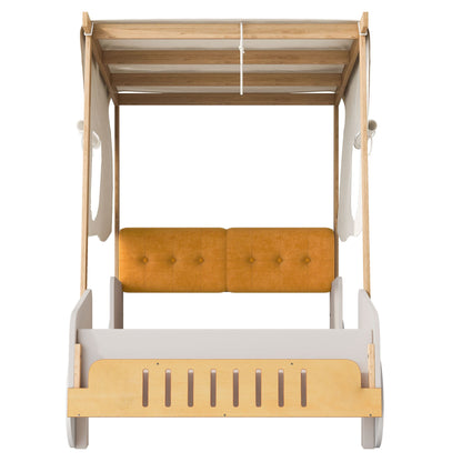 Wood Twin Size Car Bed with Pillow, Ceiling Cloth, Natural image 15