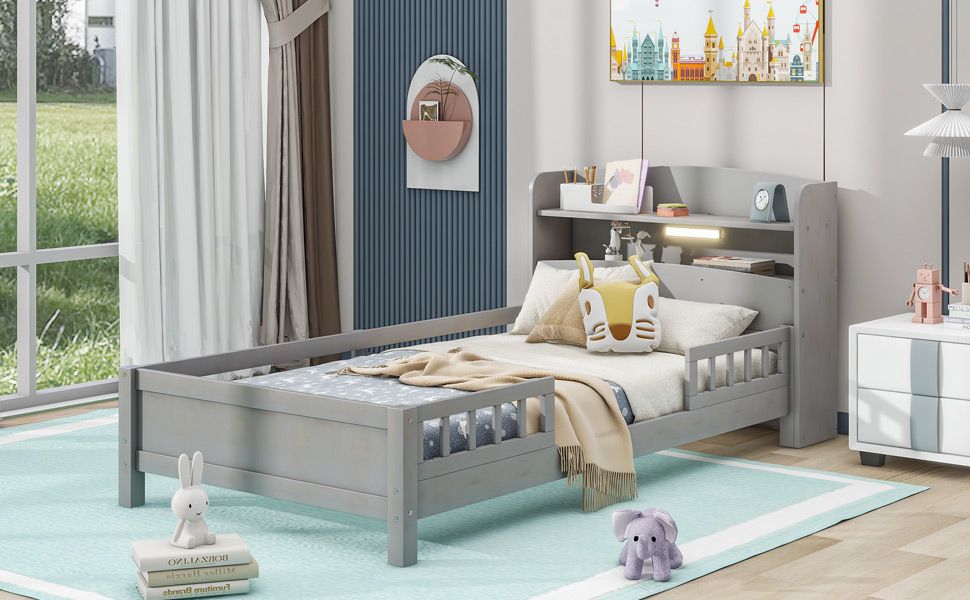 Wood Twin Size Platform Bed with Built-in LED Light, Storage Headboard and Guardrail, Antique Grey image 4