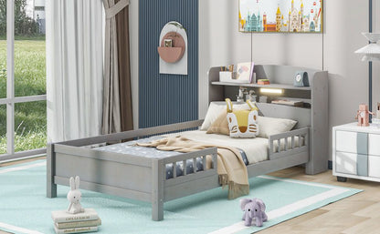 Wood Twin Size Platform Bed with Built-in LED Light, Storage Headboard and Guardrail, Antique Grey image 4