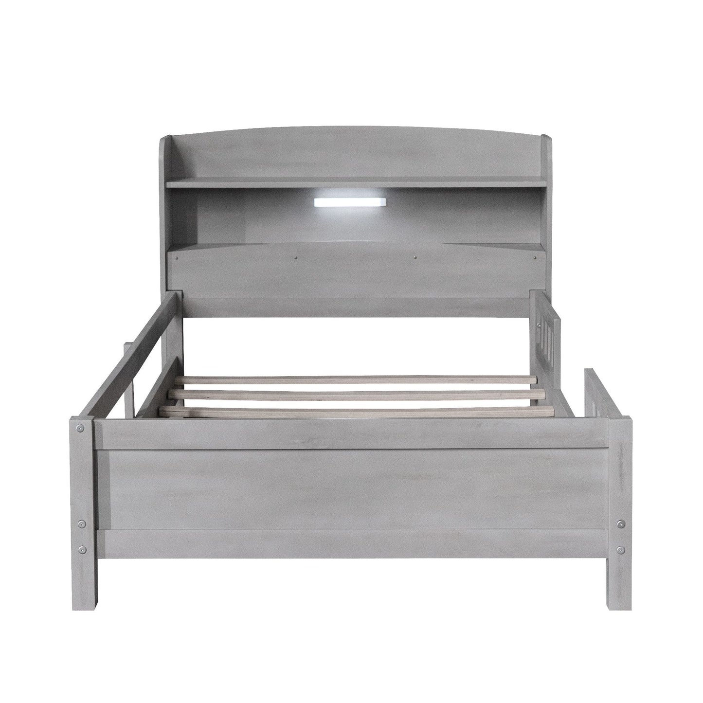 Wood Twin Size Platform Bed with Built-in LED Light, Storage Headboard and Guardrail, Antique Grey image 8