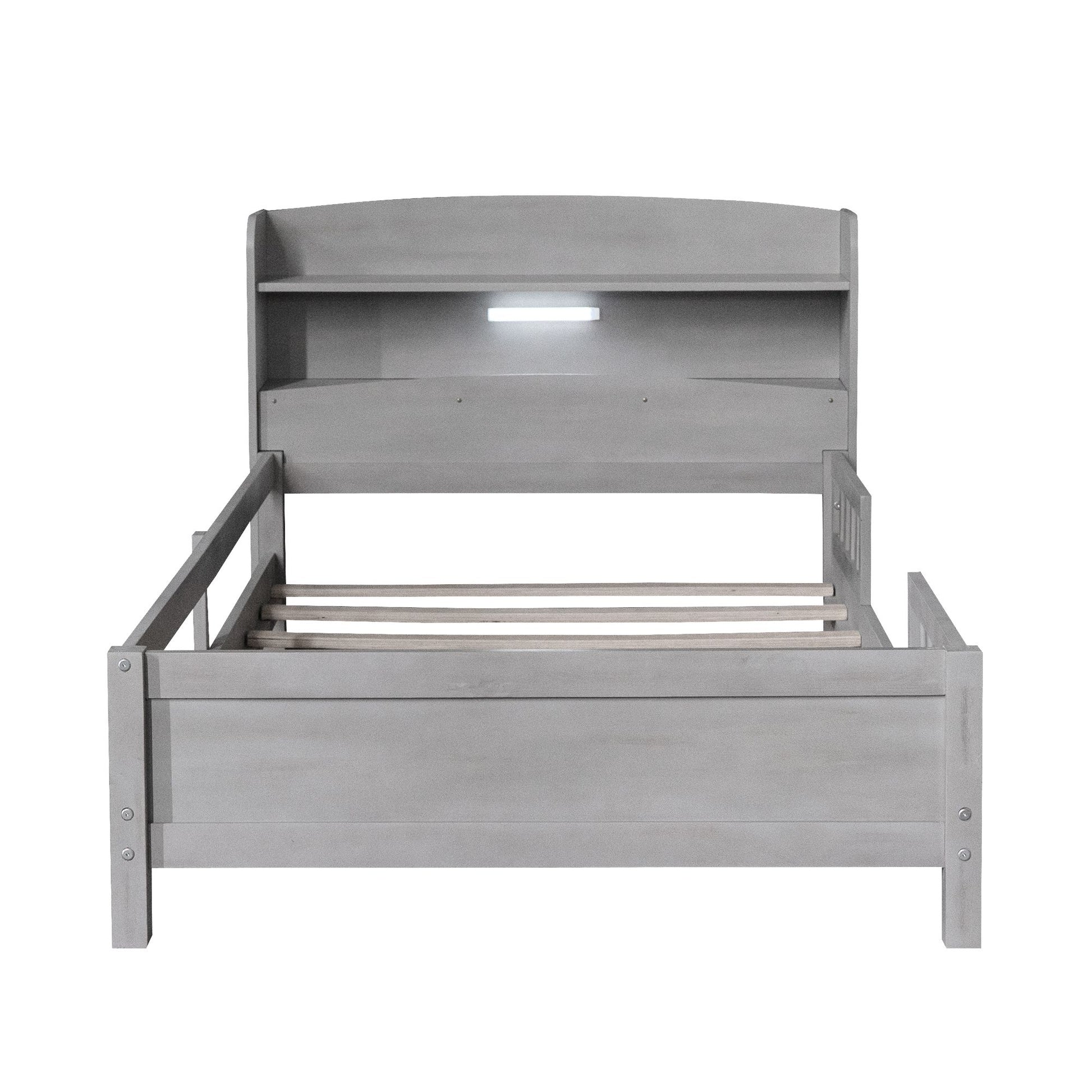 Wood Twin Size Platform Bed with Built-in LED Light, Storage Headboard and Guardrail, Antique Grey image 8