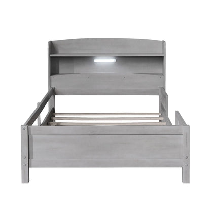 Wood Twin Size Platform Bed with Built-in LED Light, Storage Headboard and Guardrail, Antique Grey image 8