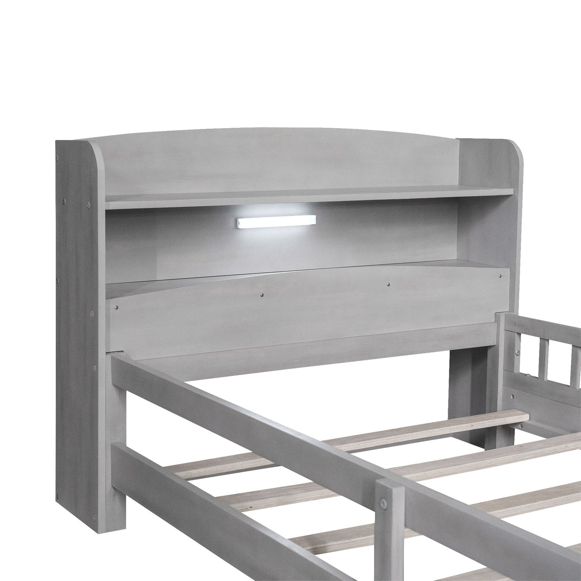 Wood Twin Size Platform Bed with Built-in LED Light, Storage Headboard and Guardrail, Antique Grey image 12