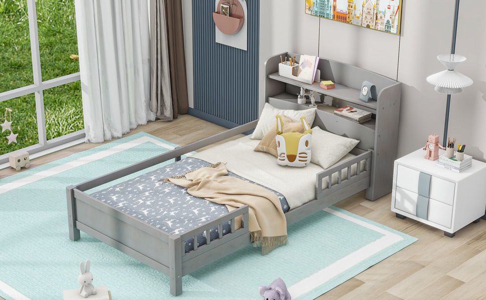 Wood Twin Size Platform Bed with Built-in LED Light, Storage Headboard and Guardrail, Antique Grey image 5