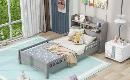 Wood Twin Size Platform Bed with Built-in LED Light, Storage Headboard and Guardrail, Antique Grey image 5