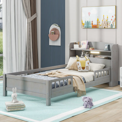 Wood Twin Size Platform Bed with Built-in LED Light, Storage Headboard and Guardrail, Antique Grey image 3