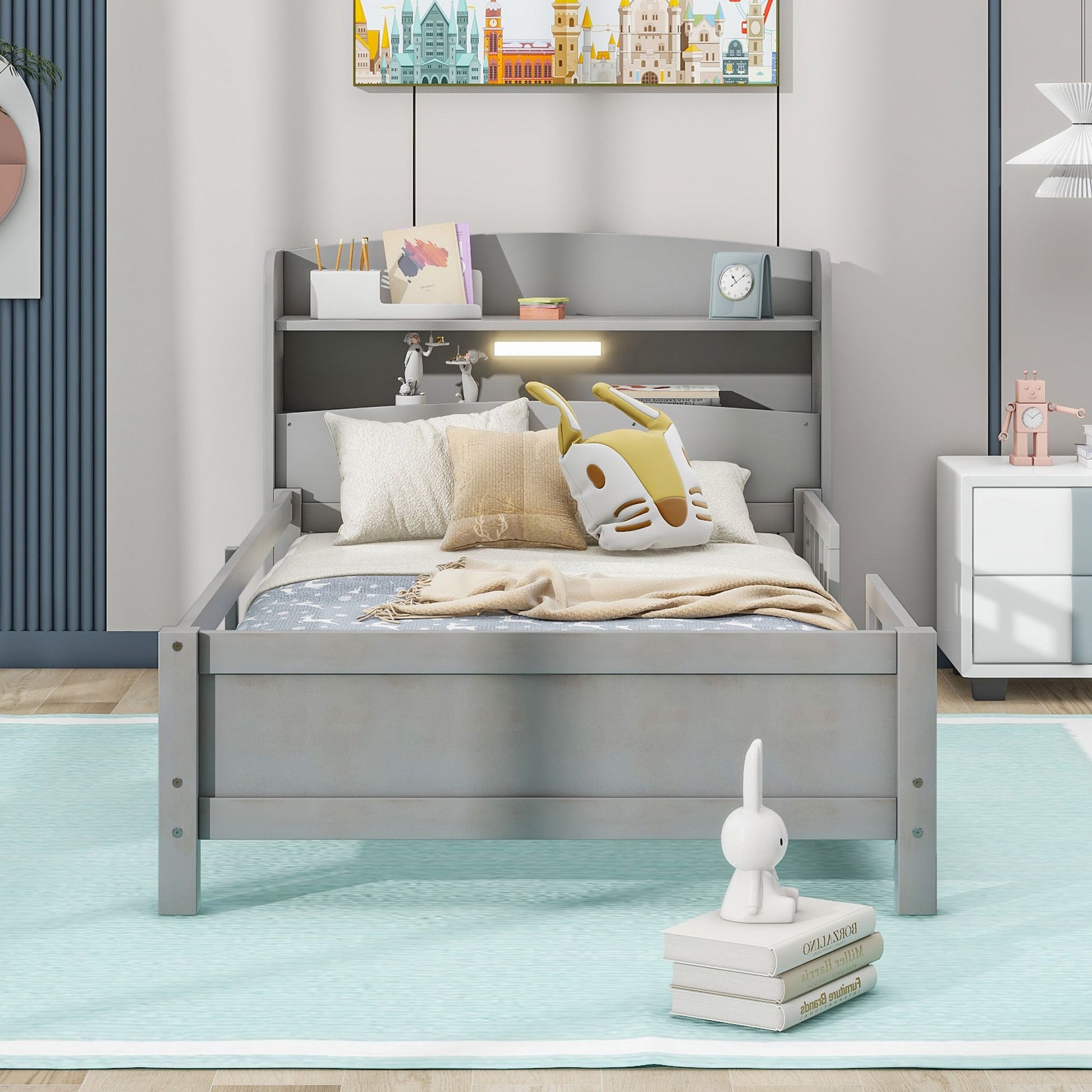 Wood Twin Size Platform Bed with Built-in LED Light, Storage Headboard and Guardrail, Antique Grey image 2