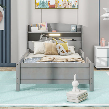 Wood Twin Size Platform Bed with Built-in LED Light, Storage Headboard and Guardrail, Antique Grey image 2