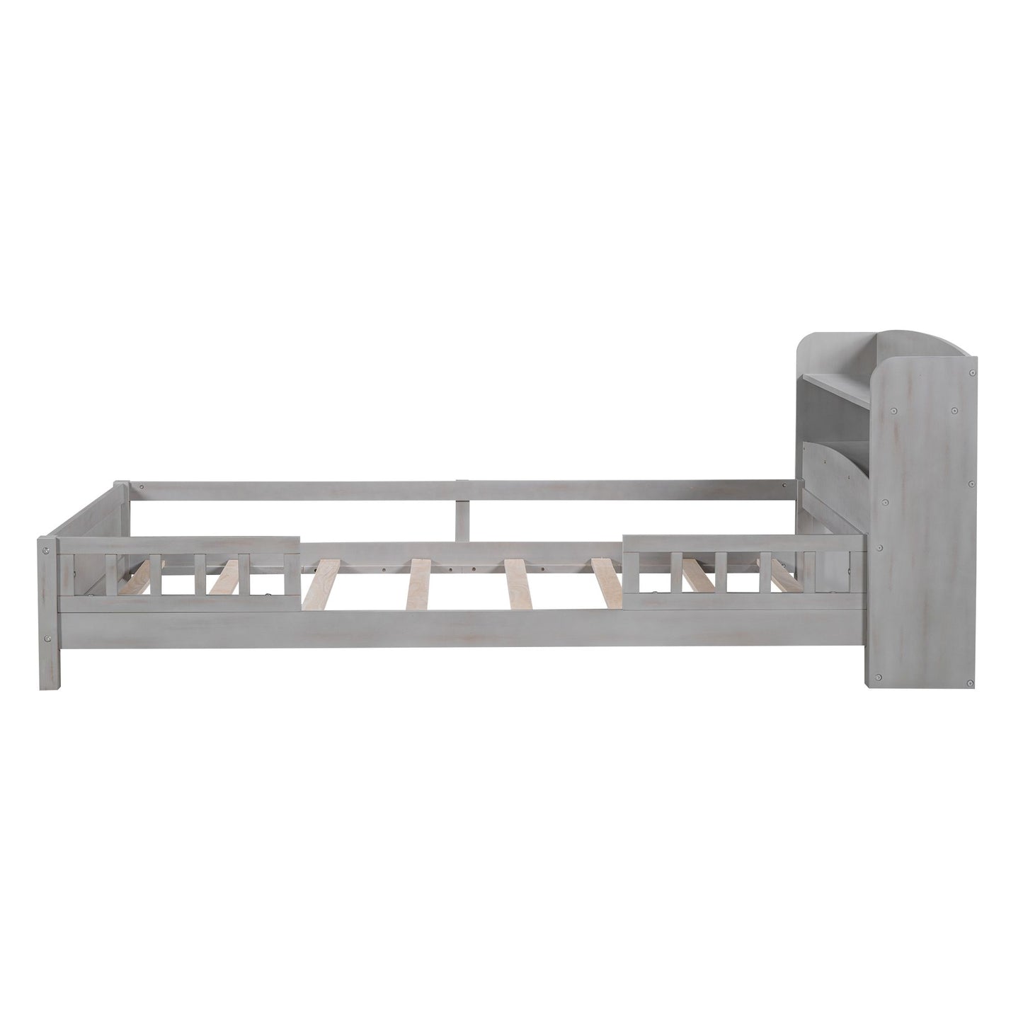 Wood Twin Size Platform Bed with Built-in LED Light, Storage Headboard and Guardrail, Antique Grey image 14